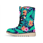 Teal Hawaiian Leaf Flower Pattern Print Winter Boots