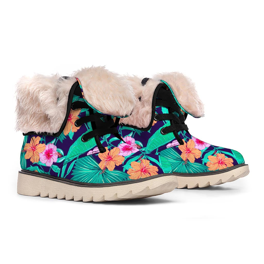 Teal Hawaiian Leaf Flower Pattern Print Winter Boots