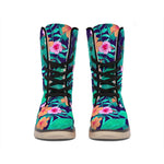 Teal Hawaiian Leaf Flower Pattern Print Winter Boots