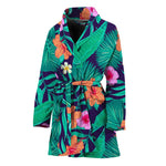 Teal Hawaiian Leaf Flower Pattern Print Women's Bathrobe