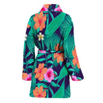 Teal Hawaiian Leaf Flower Pattern Print Women's Bathrobe