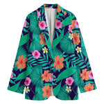 Teal Hawaiian Leaf Flower Pattern Print Women's Blazer