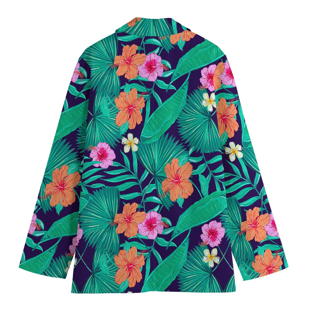 Teal Hawaiian Leaf Flower Pattern Print Women's Blazer