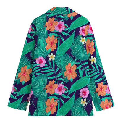 Teal Hawaiian Leaf Flower Pattern Print Women's Blazer