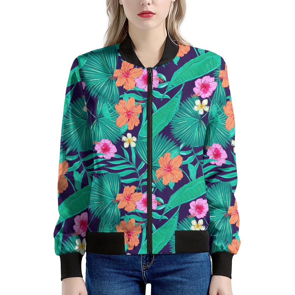 Teal Hawaiian Leaf Flower Pattern Print Women's Bomber Jacket