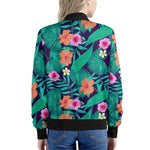 Teal Hawaiian Leaf Flower Pattern Print Women's Bomber Jacket