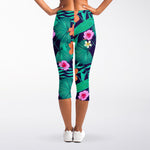 Teal Hawaiian Leaf Flower Pattern Print Women's Capri Leggings