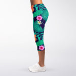Teal Hawaiian Leaf Flower Pattern Print Women's Capri Leggings