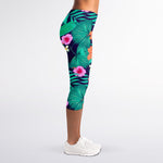 Teal Hawaiian Leaf Flower Pattern Print Women's Capri Leggings