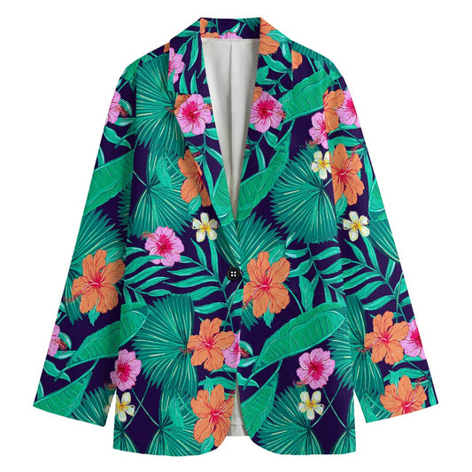 Teal Hawaiian Leaf Flower Pattern Print Women's Cotton Blazer