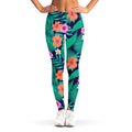 Teal Hawaiian Leaf Flower Pattern Print Women's Leggings
