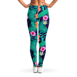 Teal Hawaiian Leaf Flower Pattern Print Women's Leggings