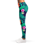 Teal Hawaiian Leaf Flower Pattern Print Women's Leggings