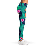 Teal Hawaiian Leaf Flower Pattern Print Women's Leggings