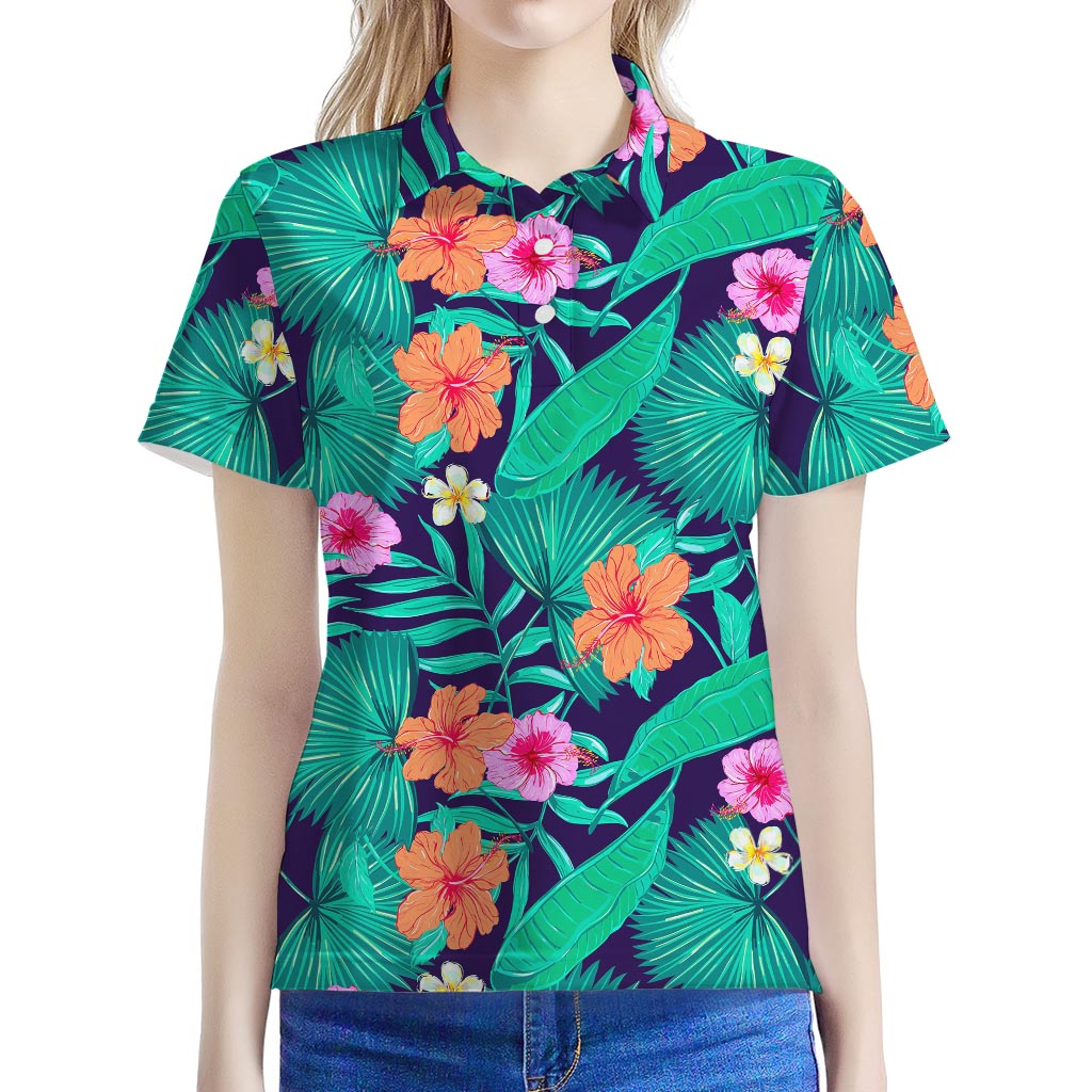 Teal Hawaiian Leaf Flower Pattern Print Women's Polo Shirt