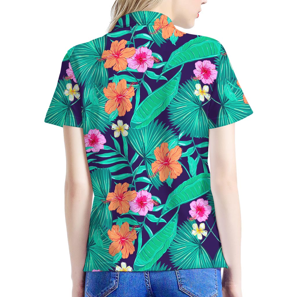 Teal Hawaiian Leaf Flower Pattern Print Women's Polo Shirt