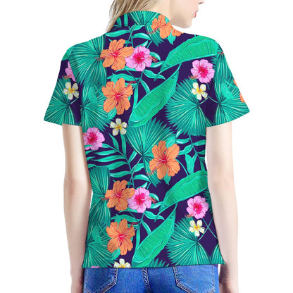 Teal Hawaiian Leaf Flower Pattern Print Women's Polo Shirt