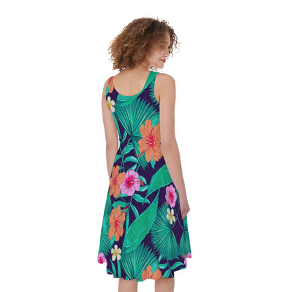 Teal Hawaiian Leaf Flower Pattern Print Women's Sleeveless Dress
