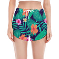 Teal Hawaiian Leaf Flower Pattern Print Women's Split Running Shorts