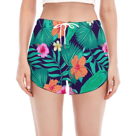 Teal Hawaiian Leaf Flower Pattern Print Women's Split Running Shorts