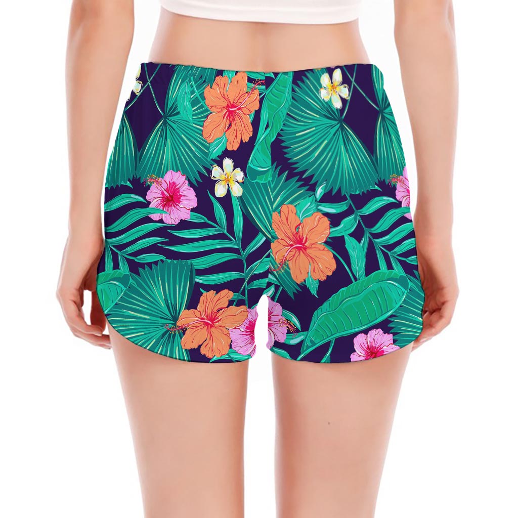Teal Hawaiian Leaf Flower Pattern Print Women's Split Running Shorts