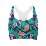 Teal Hawaiian Leaf Flower Pattern Print Women's Sports Bra