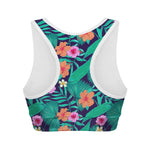 Teal Hawaiian Leaf Flower Pattern Print Women's Sports Bra