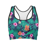 Teal Hawaiian Leaf Flower Pattern Print Women's Sports Bra