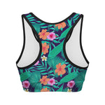 Teal Hawaiian Leaf Flower Pattern Print Women's Sports Bra