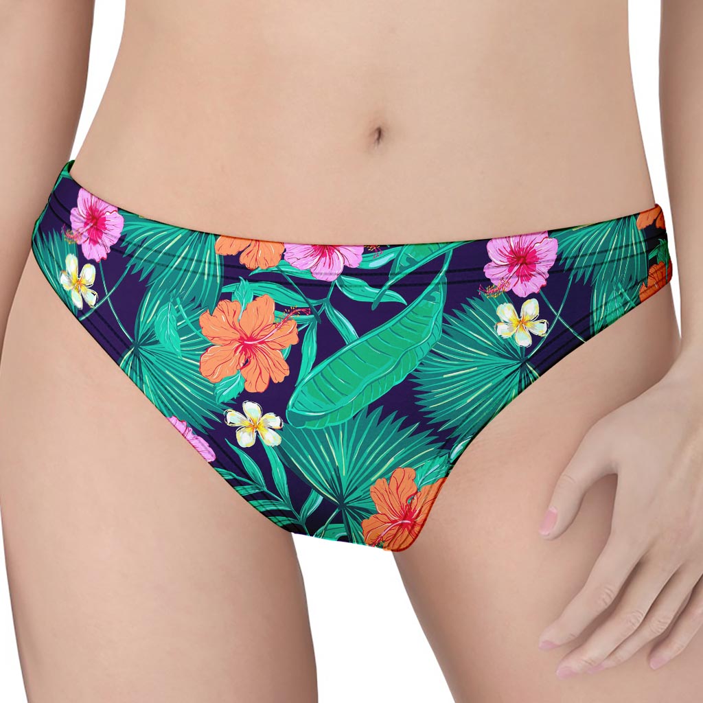 Teal Hawaiian Leaf Flower Pattern Print Women's Thong