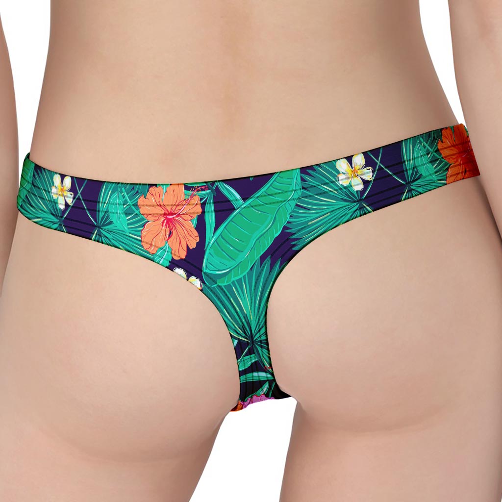 Teal Hawaiian Leaf Flower Pattern Print Women's Thong