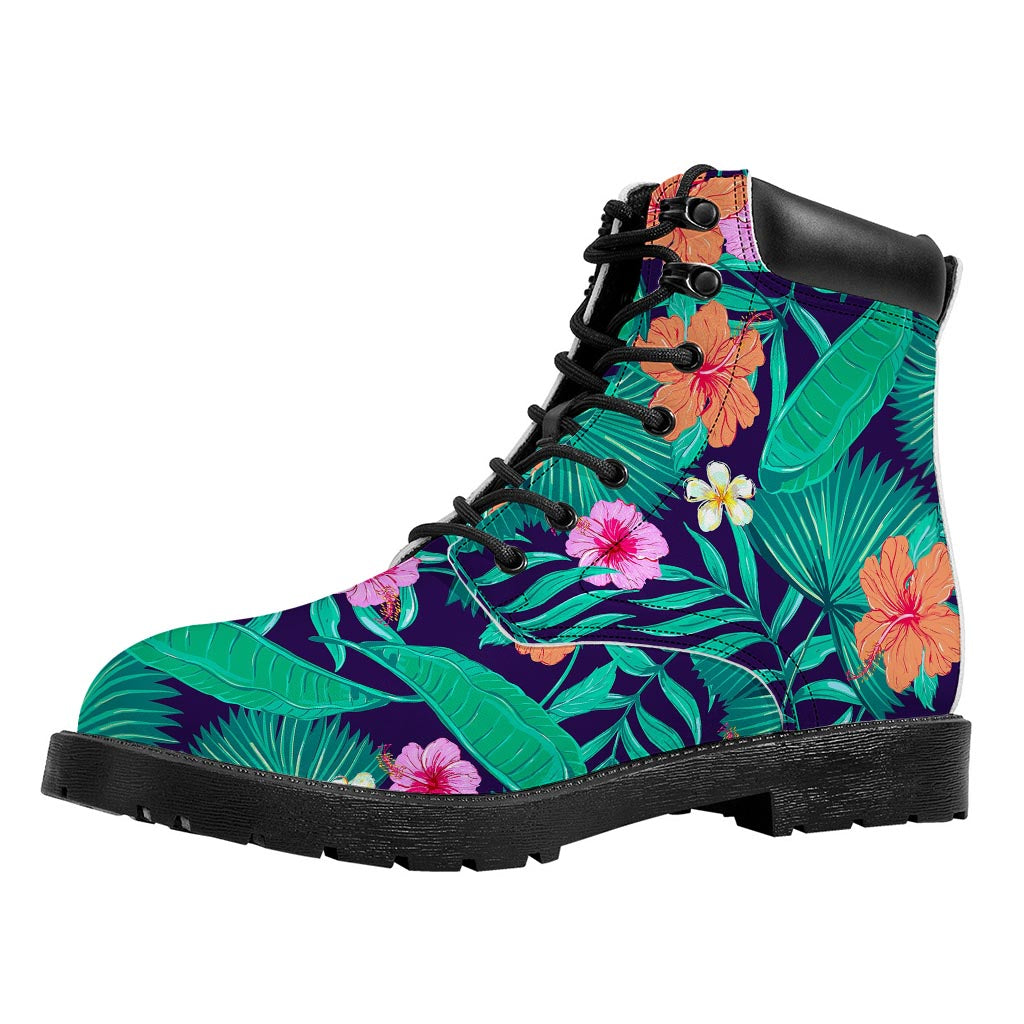 Teal Hawaiian Leaf Flower Pattern Print Work Boots