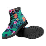 Teal Hawaiian Leaf Flower Pattern Print Work Boots