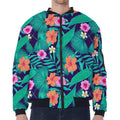 Teal Hawaiian Leaf Flower Pattern Print Zip Sleeve Bomber Jacket