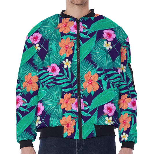 Teal Hawaiian Leaf Flower Pattern Print Zip Sleeve Bomber Jacket