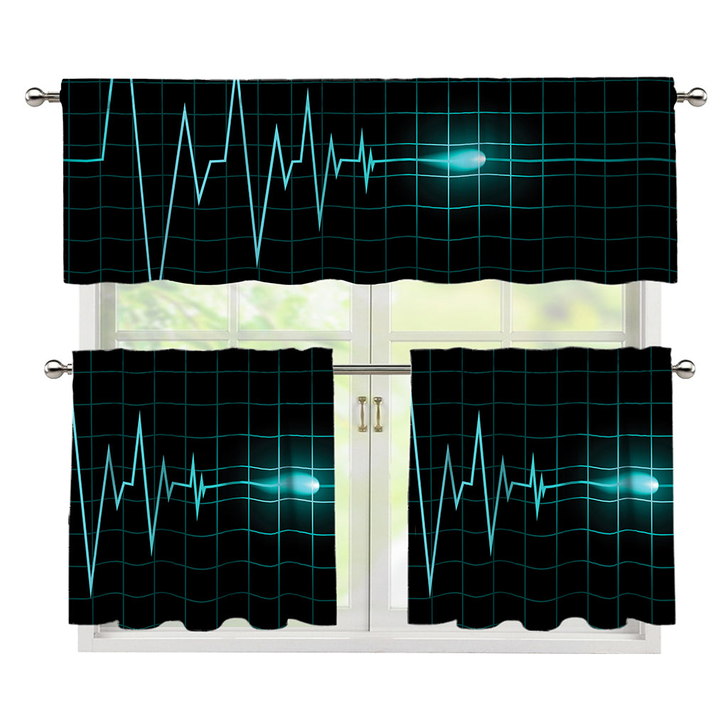 Teal Heartbeat Print 3 Piece Kitchen Curtains