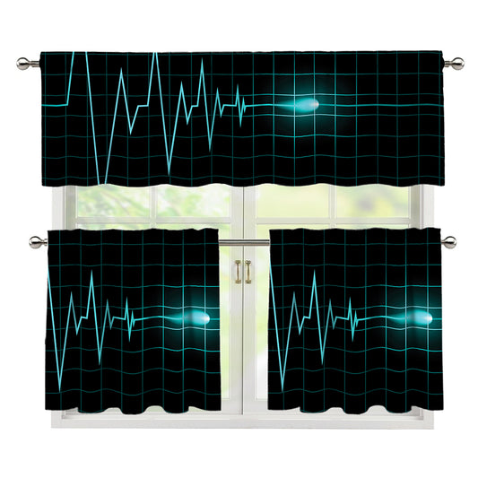 Teal Heartbeat Print 3 Piece Kitchen Curtains