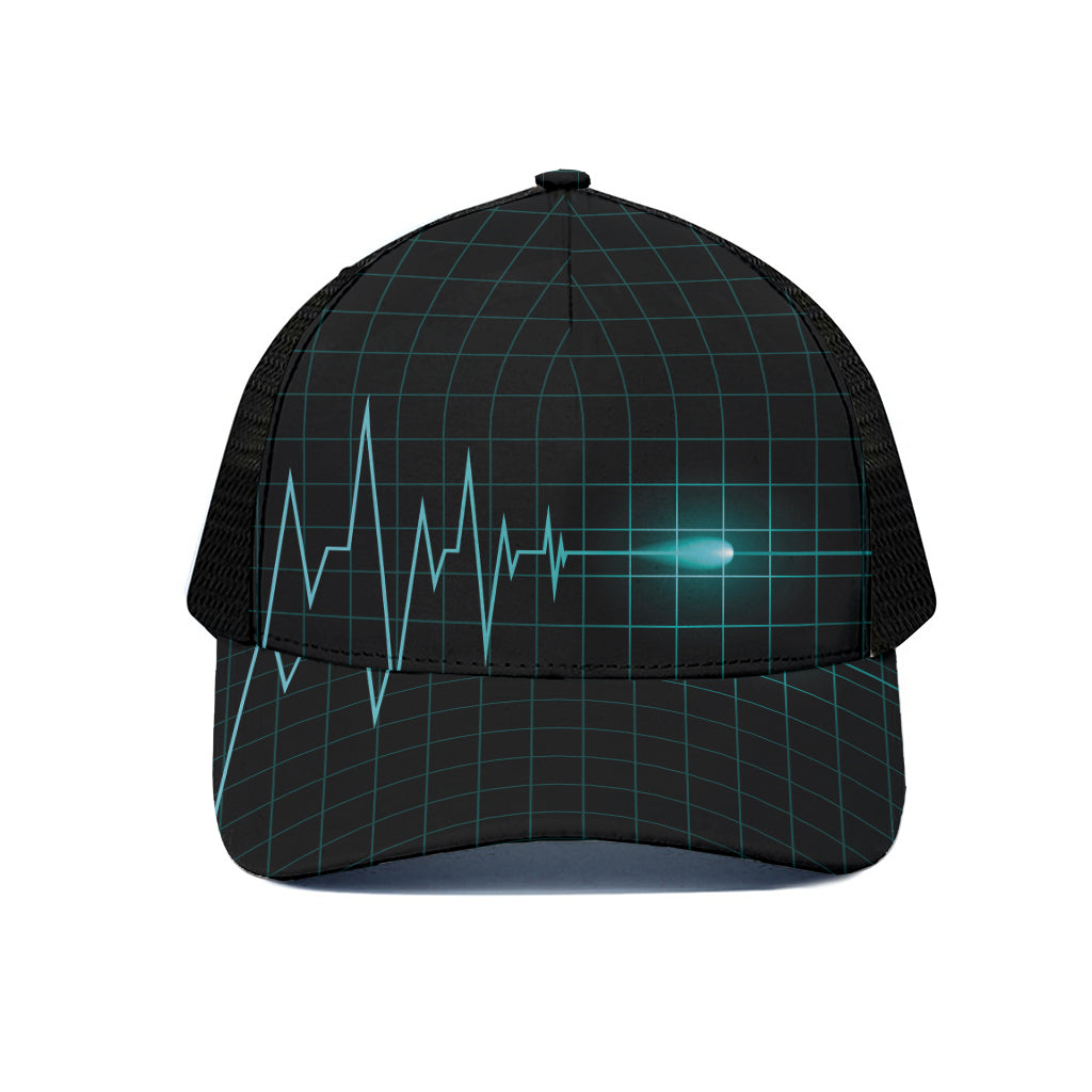 Teal Heartbeat Print Black Mesh Trucker Cap