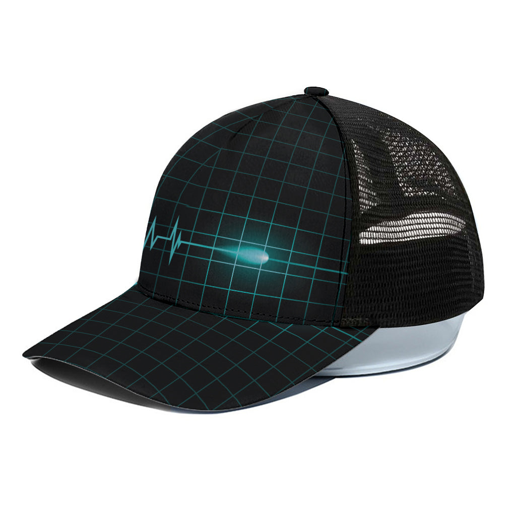 Teal Heartbeat Print Black Mesh Trucker Cap