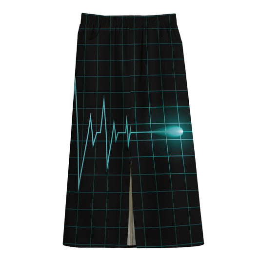Teal Heartbeat Print Cotton Front Slit Maxi Skirt