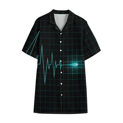 Teal Heartbeat Print Cotton Hawaiian Shirt