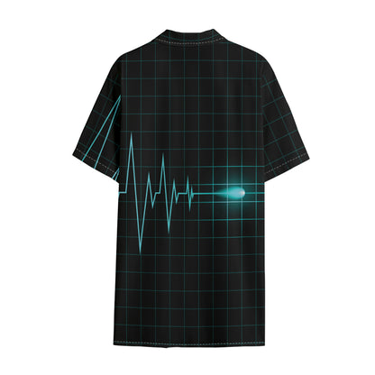 Teal Heartbeat Print Cotton Hawaiian Shirt