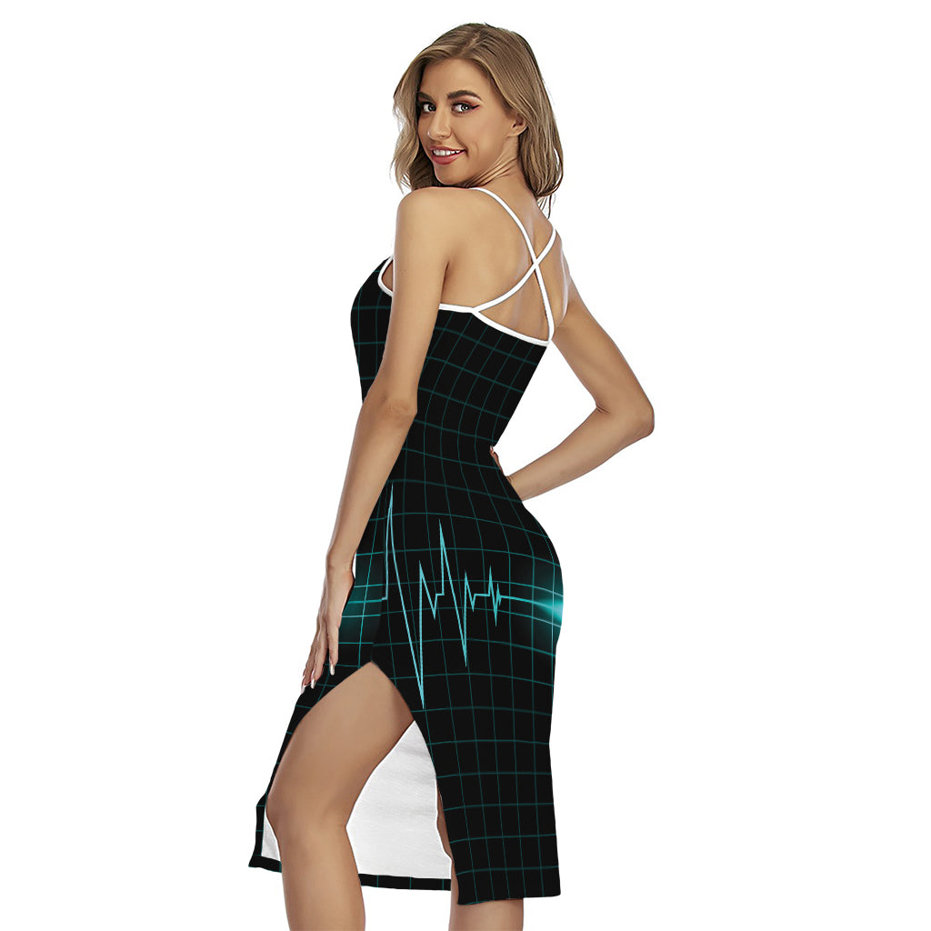 Teal Heartbeat Print Cross Back Cami Dress
