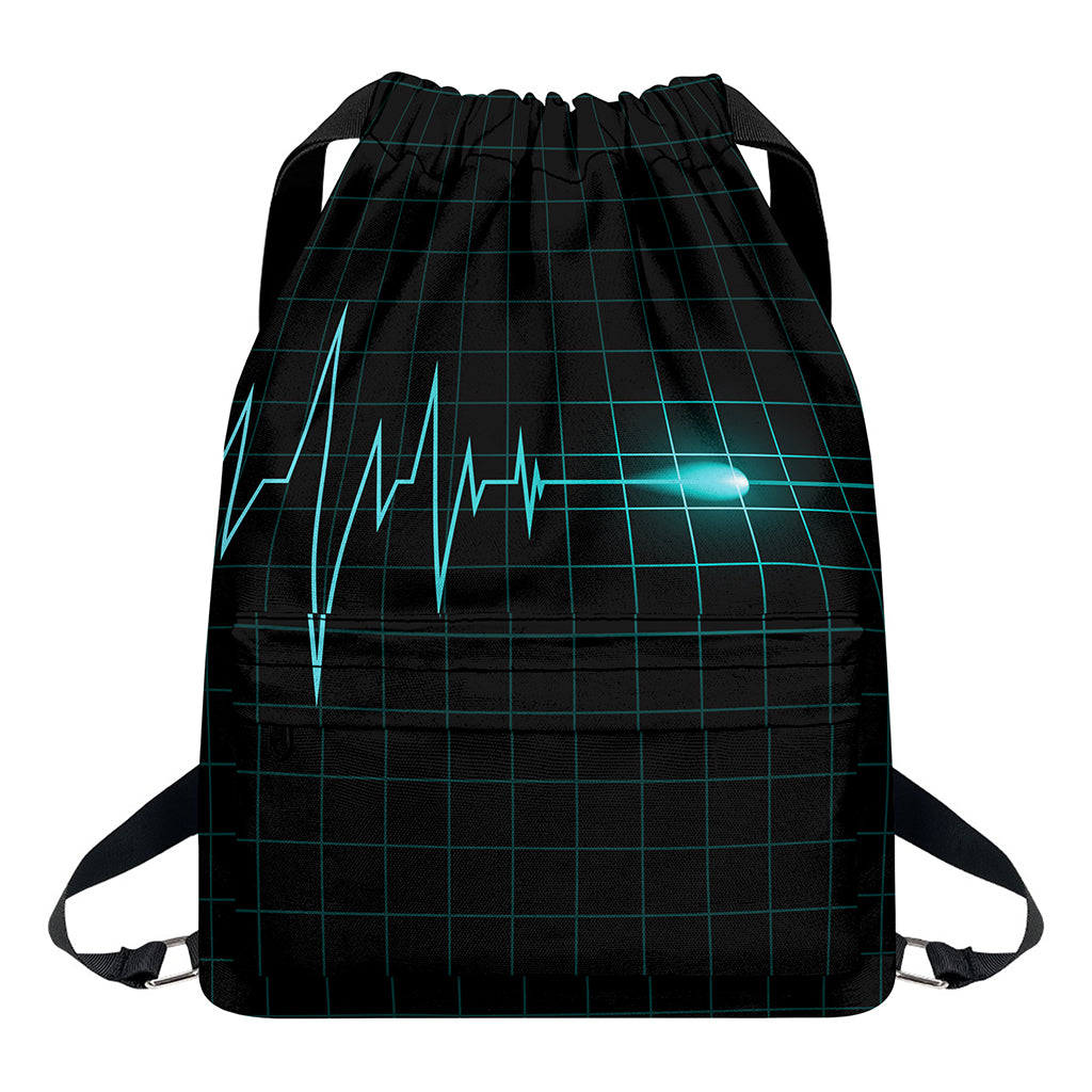 Teal Heartbeat Print Drawstring Backpack