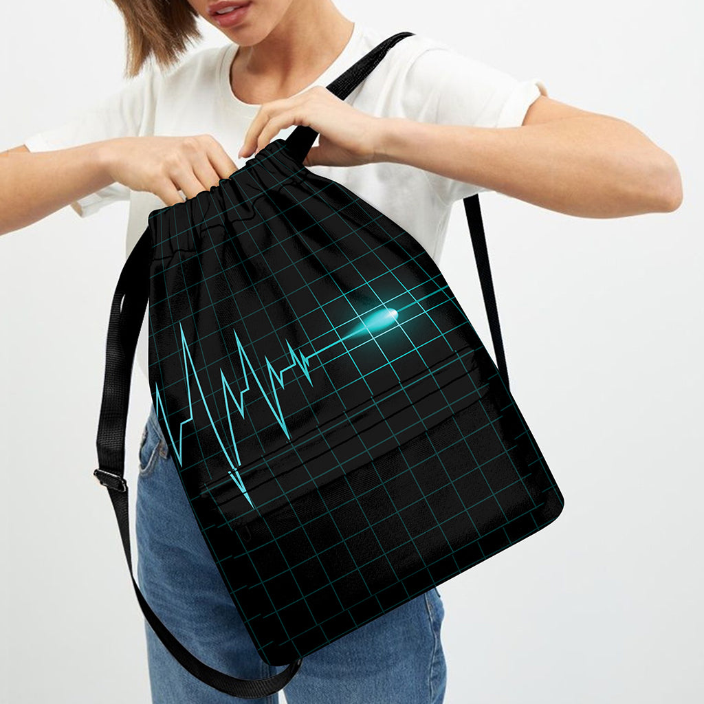 Teal Heartbeat Print Drawstring Backpack