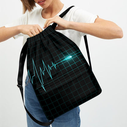 Teal Heartbeat Print Drawstring Backpack