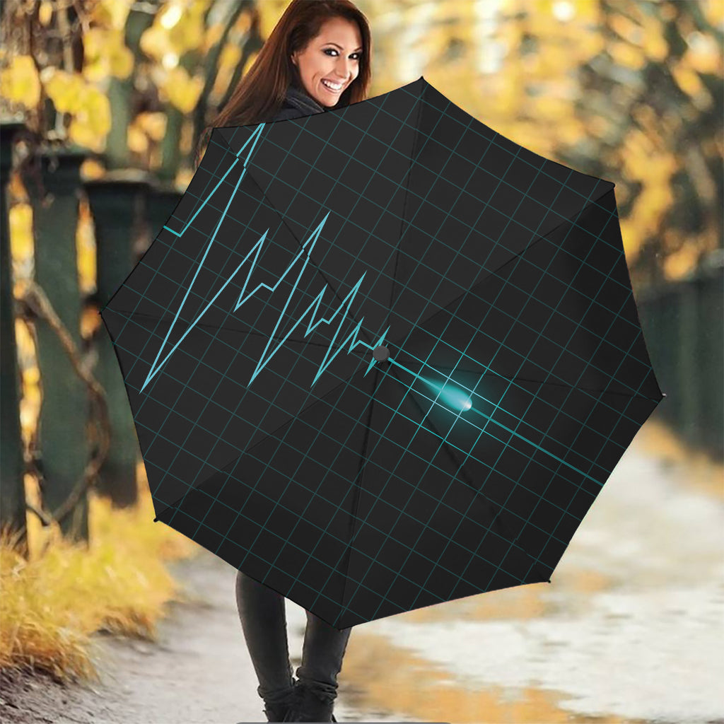 Teal Heartbeat Print Foldable Umbrella