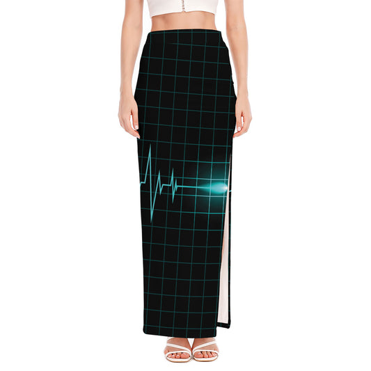 Teal Heartbeat Print High Slit Maxi Skirt