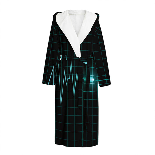 Teal Heartbeat Print Hooded Bathrobe
