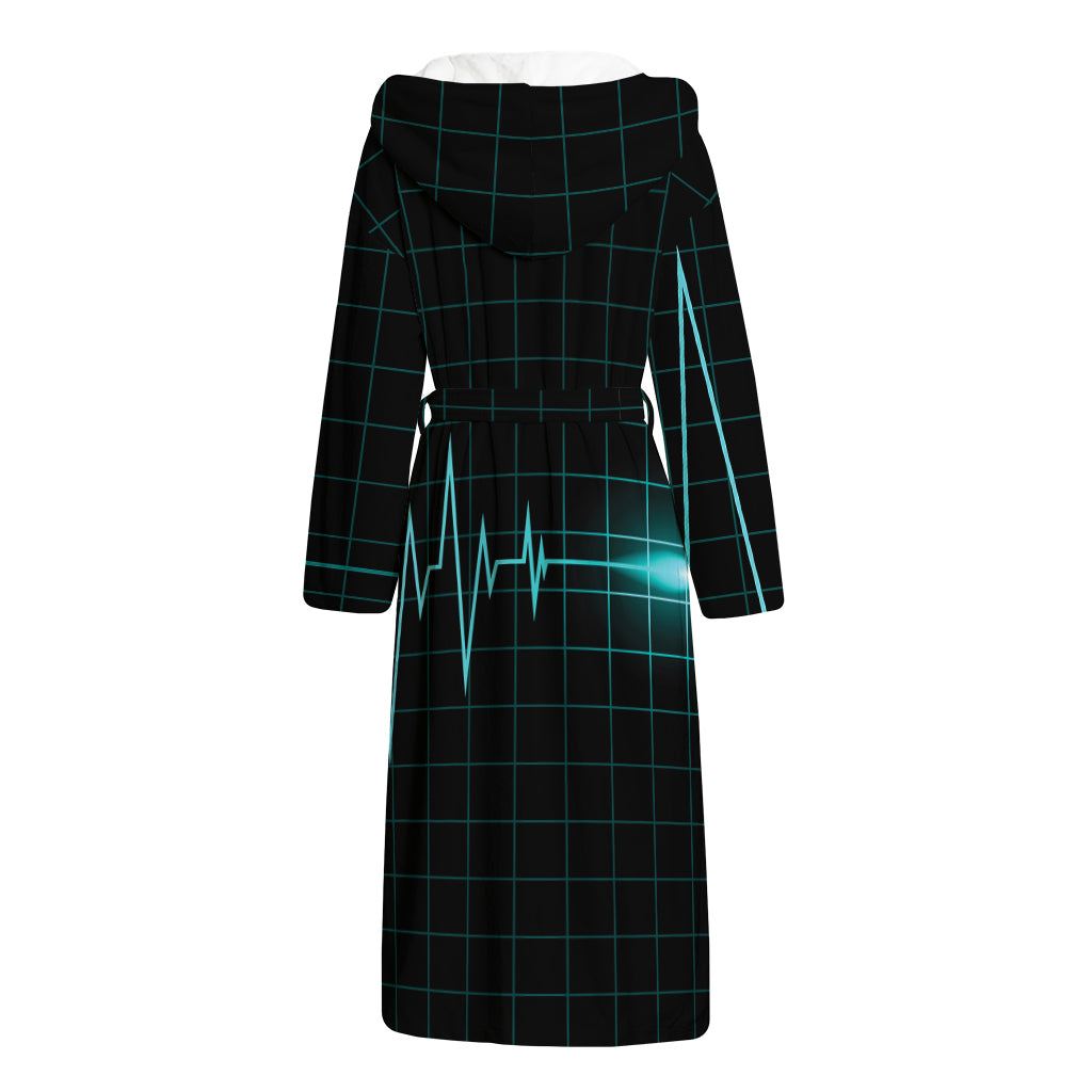 Teal Heartbeat Print Hooded Bathrobe